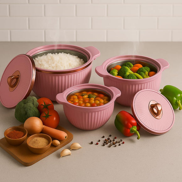 Comfy Homes Set of 3 Casseroles, 1000 2000 3000 ML | Inner Stainless Steel & Outer Plastic Material | BPA Free, Food Grade Hot Pot | Easy to Carry Insulated Roti, Chapati & Kitchen Storage Set (Pink)
