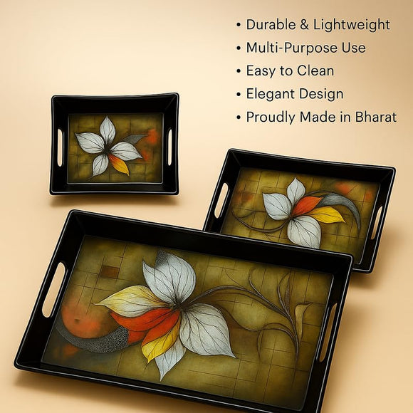 Comfy Homes Durable Multi-Use Premium Printed Rectangular Melamine Serve Ware Set with 3 Trays (Small, Medium & Large) (Royal Bloom)