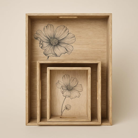 Comfy Homes Wooden Serving Tray | Handcrafted Natural Wood Trays for Snacks, Tea, Coffee, Breakfast & Entertaining | Rustic, Durable & Eco-Friendly Kitchenware (Beige, Set of 3)