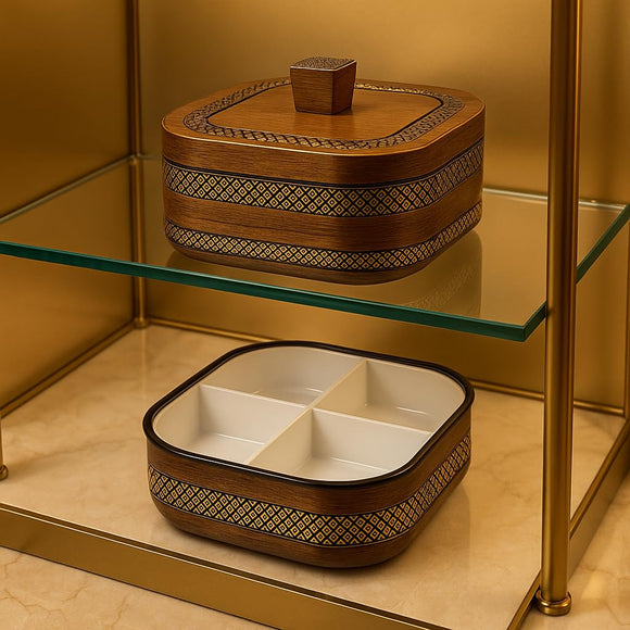 Comfy Homes Revolving Dry Fruit & Snack Storage Box | 4-Section Multi-Purpose Container | Square Shape Dry Food Organizer, Serving Platter & Gift Box for Home & Festive Use (Prestige)