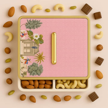 Comfy Homes Multipurpose Container | 4-Section Dry Fruit & Snack Storage Box | Elegant Design Square Shape Dry Food Organizer | Serving Platter & Gift Box for Home & Festive Use (Regal Flora)