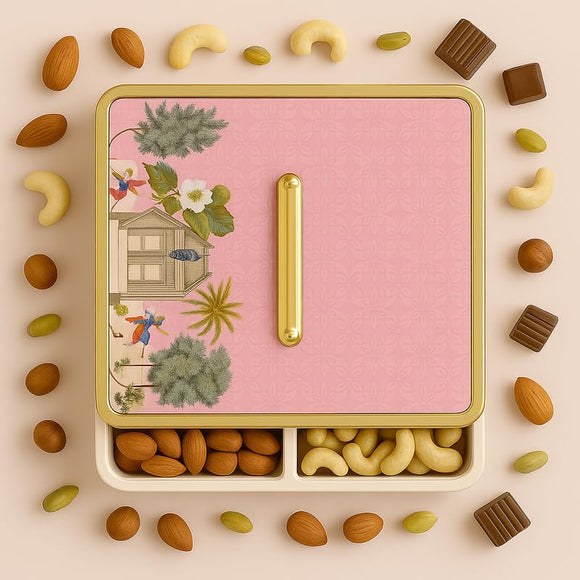Comfy Homes Multipurpose Container | 4-Section Dry Fruit & Snack Storage Box | Elegant Design Square Shape Dry Food Organizer | Serving Platter & Gift Box for Home & Festive Use (Regal Flora)