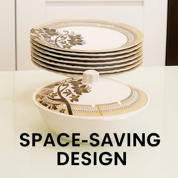 Comfy Homes 40 Pcs Melamine Dinner Set | Round Design with Dinner Plates, Small Plates, Serving Tray, Bowls with Lid, Spoons & Serving Spoons | Unbreakable & Lightweight Dinnerware (Majestic Highness)