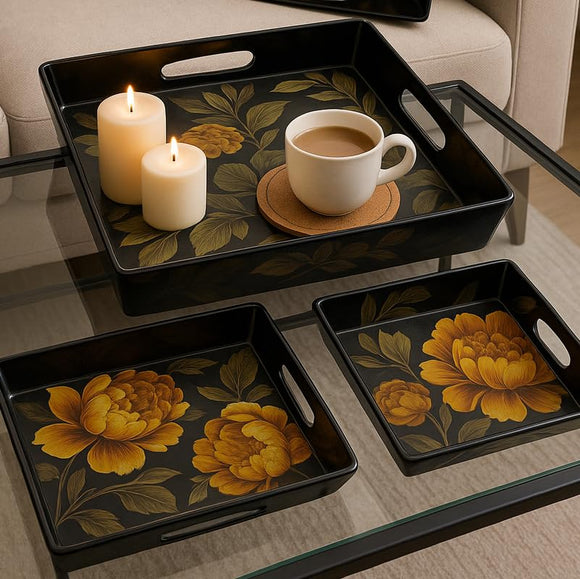 Comfy Homes Durable Multi-Use Premium Printed Rectangular Melamine Serve Ware Set with 3 Trays (Small, Medium & Large) (Yellow Lotus)