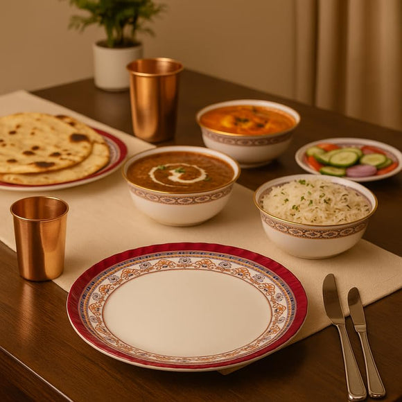 Comfy Homes 41 Pcs Melamine Dinner Set | Round Design with Dinner Plates, Small Plates, Serving Tray, Bowls with Lids, Spoons & Serving Spoons | Unbreakable & Lightweight Dinnerware (Royale Sapphire)