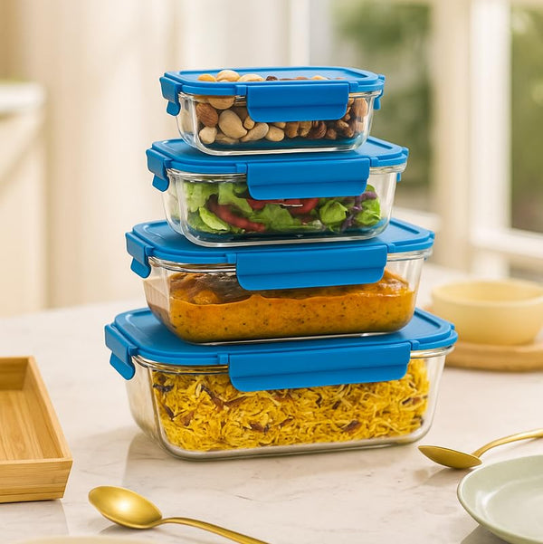 Comfy Homes Collapsible Glass Container Set | Lunch & Storage Box for School, Office | Easy to carry and Durable | 370ml, 640ml, 1040ml, 1500ml (Glass, 4)