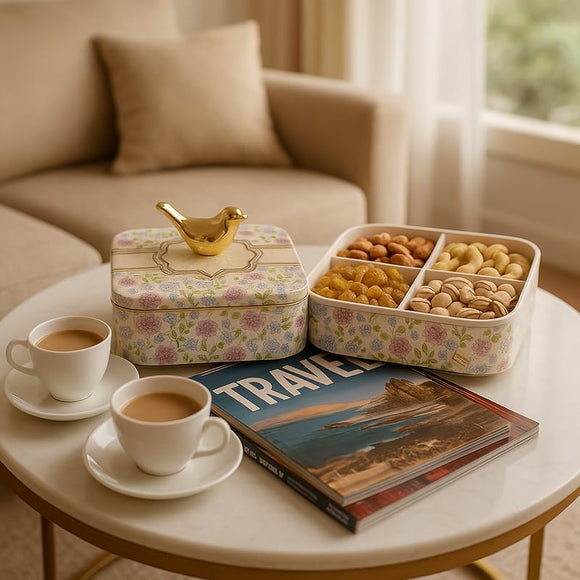 Comfy Homes Multipurpose Container | 4-Section Dry Fruit & Snack Storage Box | Elegant Design Square Shape Dry Food Organizer | Serving Platter & Gift Box for Home & Festive Use (Regenta Flora)
