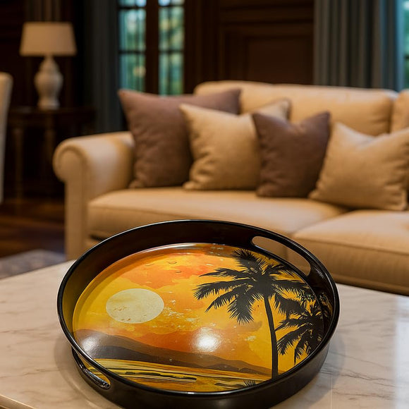 Comfy Homes Round Melamine Tray | Durable, Stackable Serving Tray | Premium Printed Serveware for Kitchen, Dining Table, Coffee Table, Office Desk, Parties, Snacks, Breakfast & More (Sunrise)