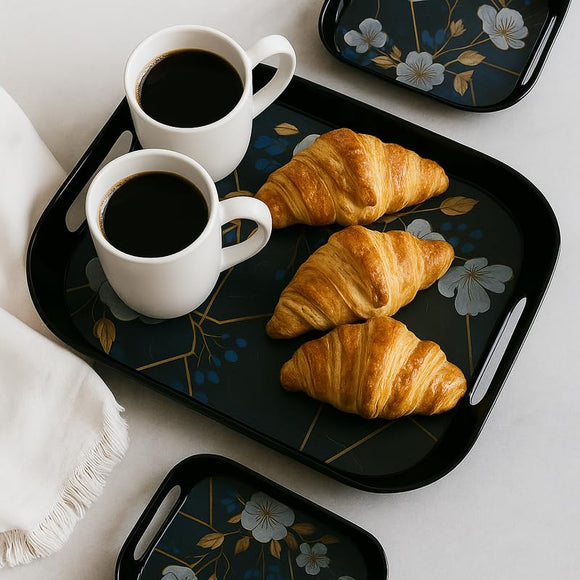 Comfy Homes Durable Multi-Use Premium Printed Rectangular Melamine Serve Ware Set with 3 Trays (Small, Medium & Large) (Blue Tulips)