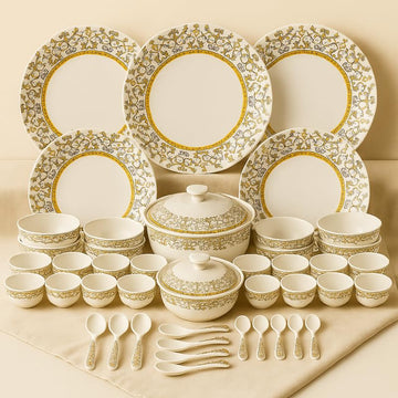 Comfy Homes Round Melamine 41 Pcs Dinner Set | 6 Dinner Plates, 6 Small Plates, 1 Serving Tray, 3 Big Serving Bowls with Lid, 12 Small Bowls, 6 Spoons, 4 Serving Spoons (Amara Luxe)