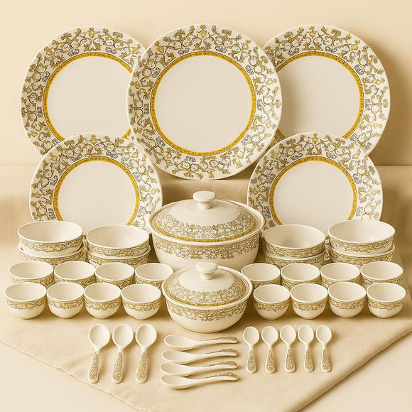 Comfy Homes Round Melamine 41 Pcs Dinner Set | 6 Dinner Plates, 6 Small Plates, 1 Serving Tray, 3 Big Serving Bowls with Lid, 12 Small Bowls, 6 Spoons, 4 Serving Spoons (Amara Luxe)