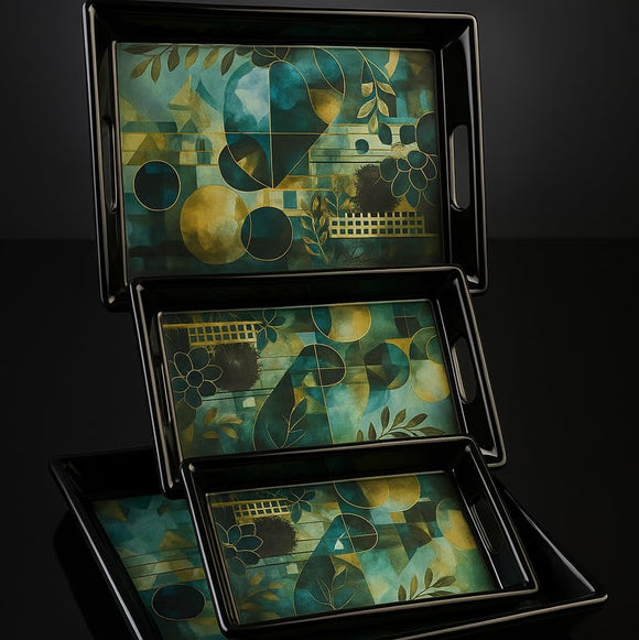 Comfy Homes Durable Multi-Use Premium Printed Rectangular Melamine Serve Ware Set with 3 Trays (Small, Medium & Large) (Mystery Breeze)