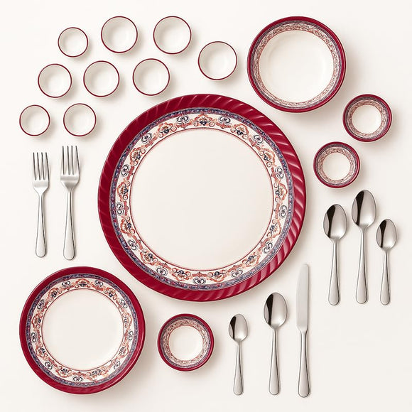 Comfy Homes 41 Pcs Melamine Dinner Set | Round Design with Dinner Plates, Small Plates, Serving Tray, Bowls with Lids, Spoons & Serving Spoons | Unbreakable & Lightweight Dinnerware (Royale Sapphire)