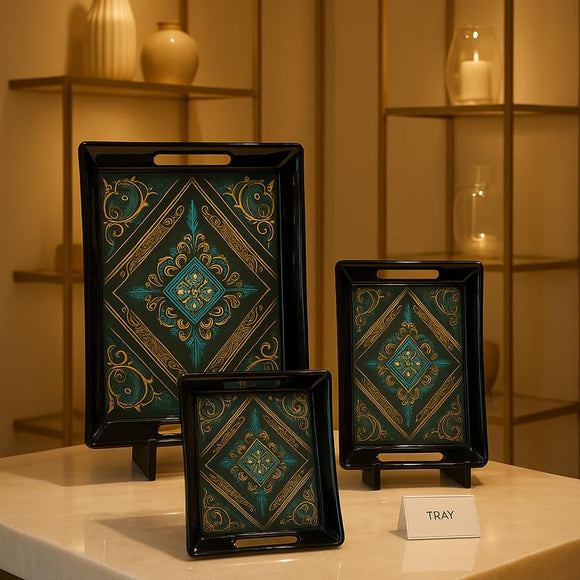 Comfy Homes Durable Multi-Use Premium Printed Rectangular Melamine Serve Ware Set with 3 Trays (Small, Medium & Large) (Royal Monarch)