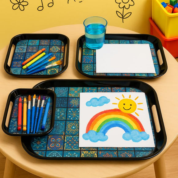 Comfy Homes Durable Multi-Use Premium Printed Rectangular Melamine Serve Ware Set with 3 Trays (Small, Medium & Large) (Aqua Blue)