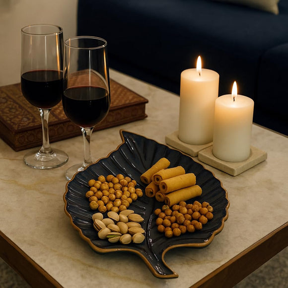 Comfy Homes Ceramic Leaf Serving Platter | Elegant Stoneware Snack & Dinner Plate | Stylish Brown Modern Design | Ideal for Starters, Snacks, Desserts & Parties