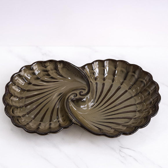Comfy Homes Ceramic Open Shell Dual Serving Platter | Elegant Stoneware Snack & Dinner Plate | Stylish Brown Modern Design | Ideal for Starters, Snacks, Desserts & Parties (Military Green)