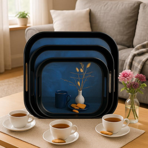 Comfy Homes Durable Multi-Use Premium Printed Rectangular Melamine Serve Ware Set with 3 Trays (Small, Medium & Large) (Quiet Blue)