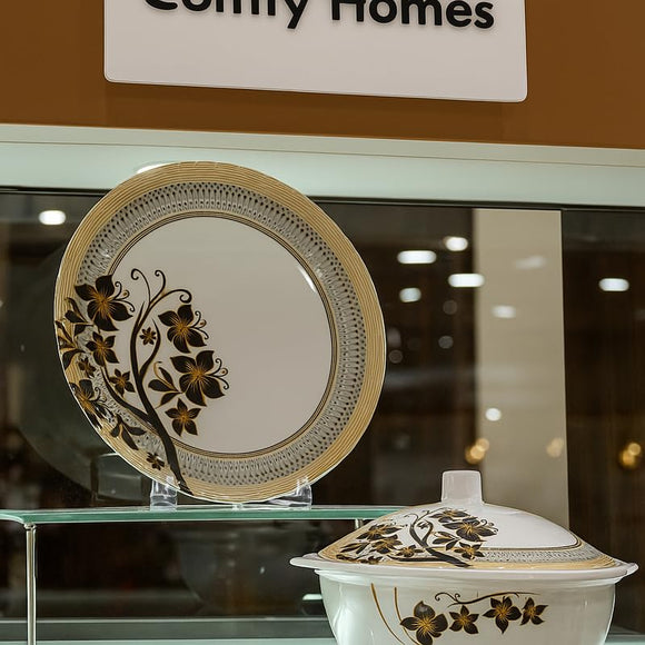 Comfy Homes 40 Pcs Melamine Dinner Set | Round Design with Dinner Plates, Small Plates, Serving Tray, Bowls with Lid, Spoons & Serving Spoons | Unbreakable & Lightweight Dinnerware (Majestic Highness)