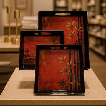 Comfy Homes Durable Multi-Use Premium Printed Rectangular Melamine Serve Ware Set with 3 Trays (Small, Medium & Large) (Mystery Red) - 0