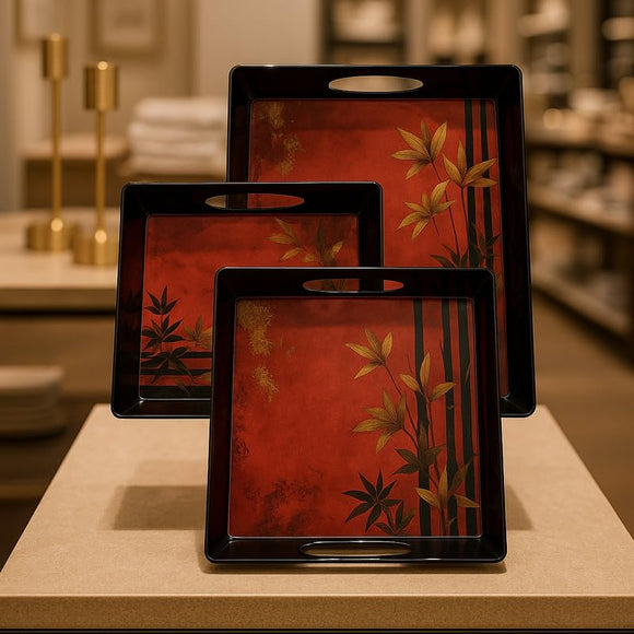 Comfy Homes Durable Multi-Use Premium Printed Rectangular Melamine Serve Ware Set with 3 Trays (Small, Medium & Large) (Mystery Red)