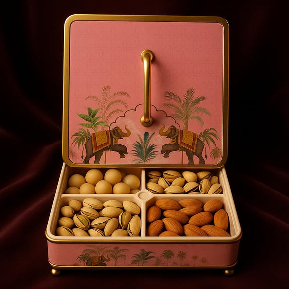 Comfy Homes Multipurpose Container | 4-Section Dry Fruit & Snack Storage Box | Elegant Design Square Shape Dry Food Organizer | Serving Platter & Gift Box for Home & Festive Use (Regal Flora)