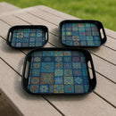 Comfy Homes Durable Multi-Use Premium Printed Rectangular Melamine Serve Ware Set with 3 Trays (Small, Medium & Large) (Aqua Blue)-1