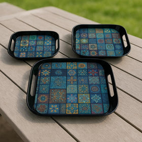 Comfy Homes Durable Multi-Use Premium Printed Rectangular Melamine Serve Ware Set with 3 Trays (Small, Medium & Large) (Aqua Blue)