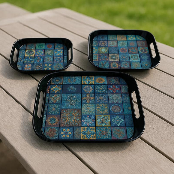 Comfy Homes Durable Multi-Use Premium Printed Rectangular Melamine Serve Ware Set with 3 Trays (Small, Medium & Large) (Aqua Blue)