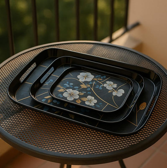 Comfy Homes Durable Multi-Use Premium Printed Rectangular Melamine Serve Ware Set with 3 Trays (Small, Medium & Large) (Blue Tulips)