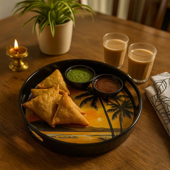 Comfy Homes Round Melamine Tray | Durable, Stackable Serving Tray | Premium Printed Serveware for Kitchen, Dining Table, Coffee Table, Office Desk, Parties, Snacks, Breakfast & More (Sunrise)