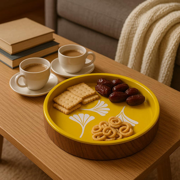 Comfy Homes Wooden Circular Platter | Handcrafted Round Serving Tray | Durable, Food-Safe and Eco-Friendly | Elegant Wooden Plate for Snacks, Fruits, Dry Fruits, Appetizers and Kitchen Decor (Brown)