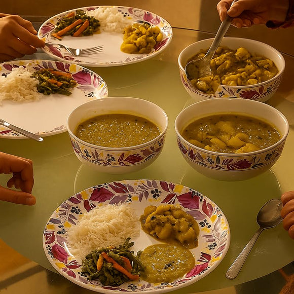 Comfy Homes 41 Pcs Melamine Dinner Set | Round Design with Dinner Plates, Small Plates, Serving Tray, Bowls with Lids, Spoons & Serving Spoons | Unbreakable & Lightweight Dinnerware (Colourful Garden)