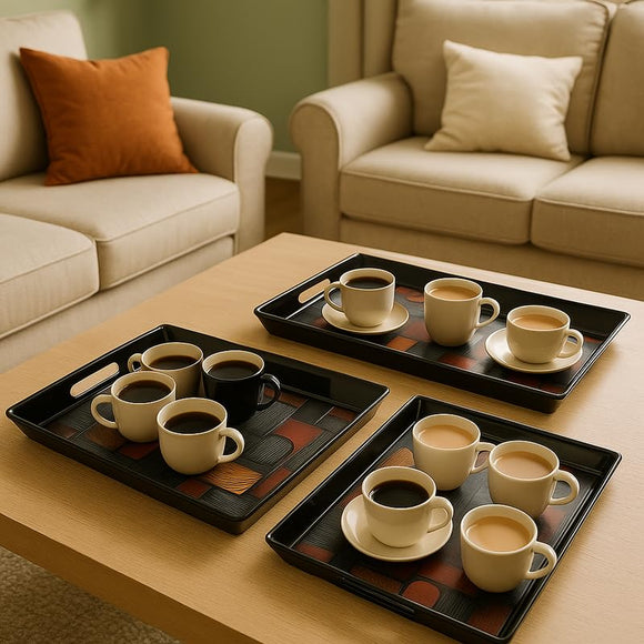 Comfy Homes Durable Multi-Use Premium Printed Rectangular Melamine Serve Ware Set with 3 Trays (Small, Medium & Large) (Wordly Illusion)