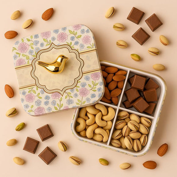 Comfy Homes Multipurpose Container | 4-Section Dry Fruit & Snack Storage Box | Elegant Design Square Shape Dry Food Organizer | Serving Platter & Gift Box for Home & Festive Use (Regenta Flora)