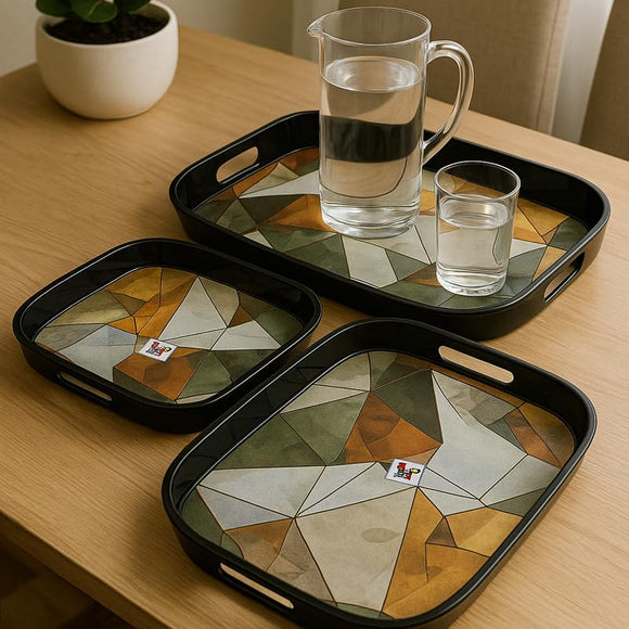 Comfy Homes Durable Multi-Use Premium Printed Rectangular Melamine Serve Ware Set with 3 Trays (Small, Medium & Large) (Geometric White)