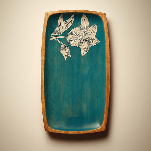 Comfy Homes Wooden Serving Platter | Handcrafted Natural Wood Tray with Floral Design | Durable, Food-Safe and Eco-Friendly | Platter for Snacks, Fruits, Appetizers and Kitchen Decor (Teal Blue)