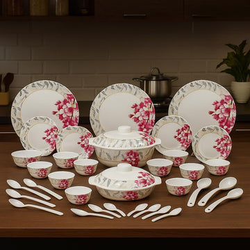 Comfy Homes 41 Pcs Melamine Dinner Set | Round Design with Dinner Plates, Small Plates, Serving Tray, Bowls with Lids, Spoons & Serving Spoons | Unbreakable & Lightweight Dinnerware (Heritage Gold)