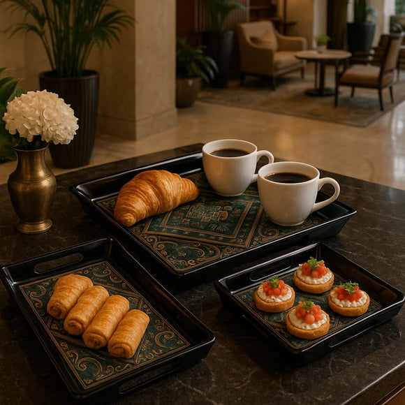 Comfy Homes Durable Multi-Use Premium Printed Rectangular Melamine Serve Ware Set with 3 Trays (Small, Medium & Large) (Royal Monarch)