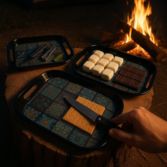 Comfy Homes Durable Multi-Use Premium Printed Rectangular Melamine Serve Ware Set with 3 Trays (Small, Medium & Large) (Aqua Blue)