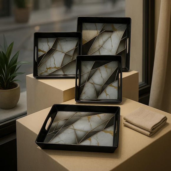 Comfy Homes Durable Multi-Use Premium Printed Rectangular Melamine Serve Ware Set with 3 Trays (Small, Medium & Large) (White Pyramids)