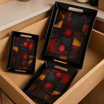 Comfy Homes Durable Multi-Use Premium Printed Rectangular Melamine Serve Ware Set with 3 Trays (Small, Medium & Large) (Wordly Illusion) - 0