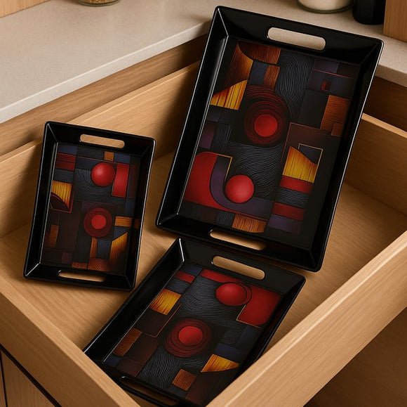 Comfy Homes Durable Multi-Use Premium Printed Rectangular Melamine Serve Ware Set with 3 Trays (Small, Medium & Large) (Wordly Illusion)