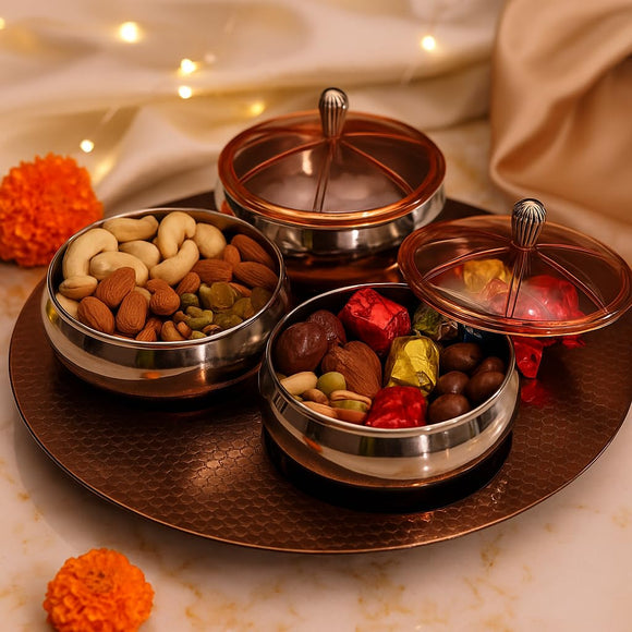 Comfy Homes 3 in 1 Dry Fruit Container | Mirror Finish Dry Food Storage Box I Gifting Use & Multi-Purpose Food Grade Stainless Steel Box I Serving Platter with 3 Sections (Rose Gold)