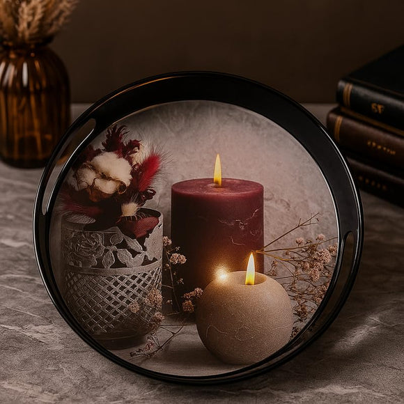 Comfy Homes Round Melamine Tray | Durable, Stackable Serving Tray | Premium Printed Serveware for Kitchen, Dining Table, Coffee Table, Office Desk, Parties, Snacks, Breakfast & More (Candle)