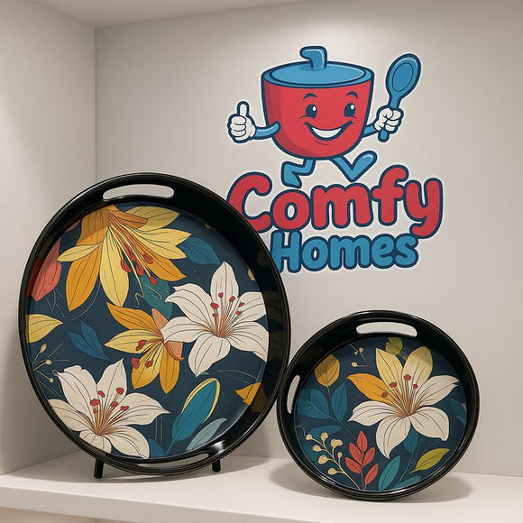 Comfy Homes Round Melamine Tray | Durable, Stackable Serving Tray | Premium Printed Serveware for Kitchen, Dining Table, Coffee Table, Office Desk, Parties, Snacks, Breakfast & More (Flower)