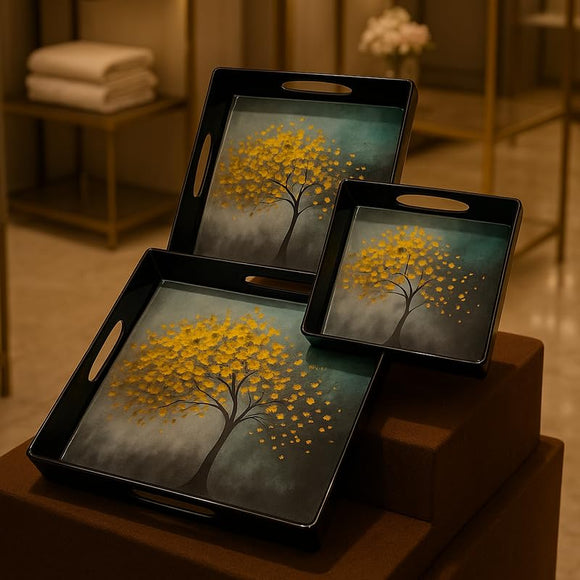 Comfy Homes Durable Multi-Use Premium Printed Rectangular Melamine Serve Ware Set with 3 Trays (Small, Medium & Large) (Autumn Breeze)