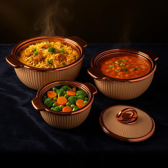 Comfy Homes Set of 3 Casseroles, 1000 2000 3000 ML | Inner Stainless Steel & Outer Plastic Material | BPA Free, Food Grade Hot Pot | Easy to Carry Insulated Roti, Chapati & Kitchen Storage Set(Peach)