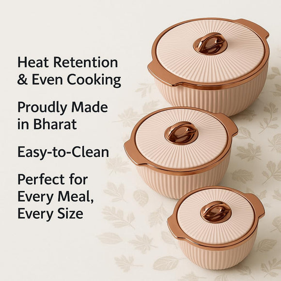 Comfy Homes Set of 3 Casseroles, 1000 2000 3000 ML | Inner Stainless Steel & Outer Plastic Material | BPA Free, Food Grade Hot Pot | Easy to Carry Insulated Roti, Chapati & Kitchen Storage Set(Peach)