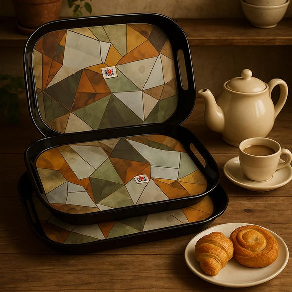 Comfy Homes Durable Multi-Use Premium Printed Rectangular Melamine Serve Ware Set with 3 Trays (Small, Medium & Large) (Geometric White)